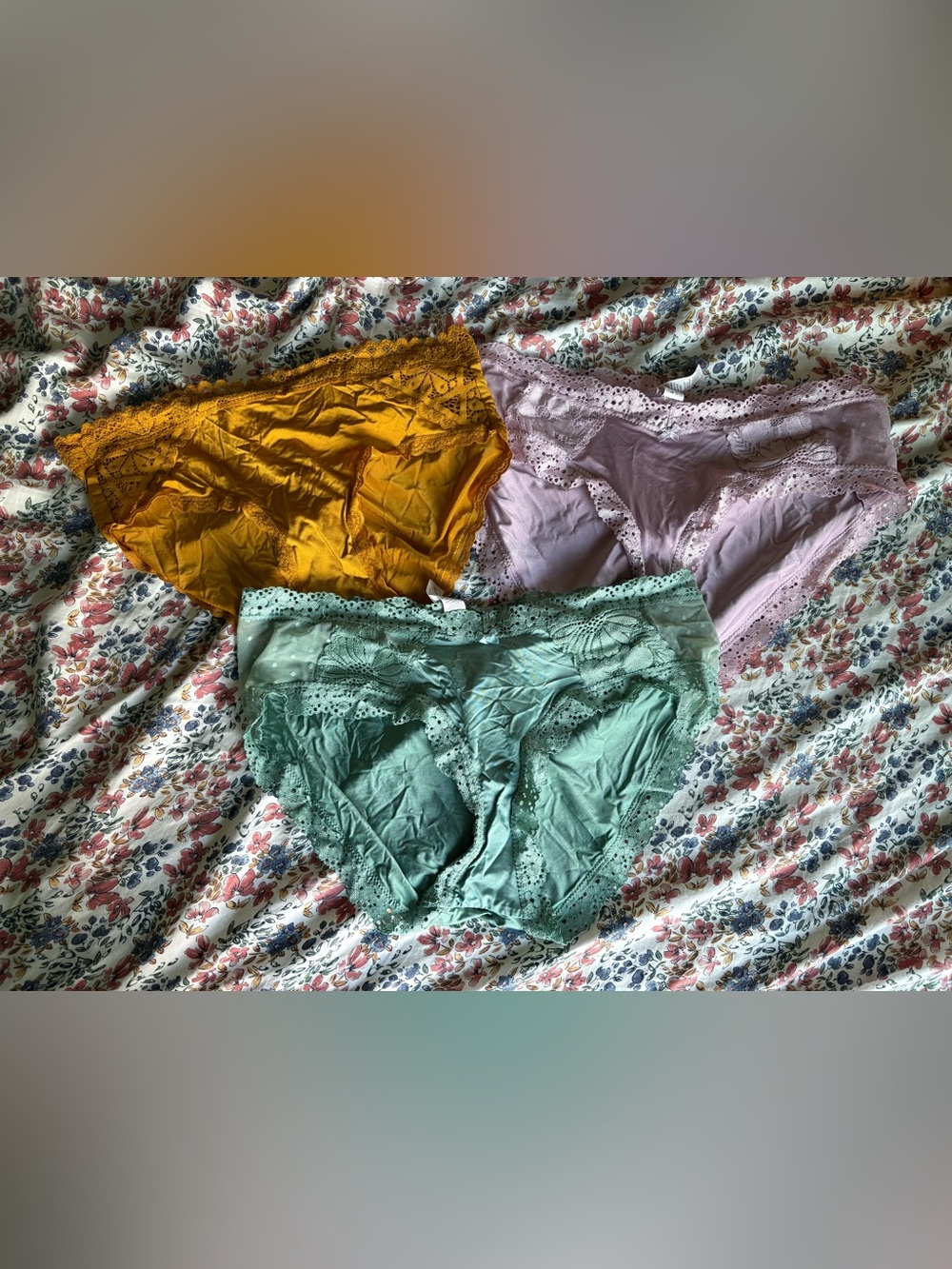 aerie Lace Trim Bikini Set in Mustard, Lavender, and Mint